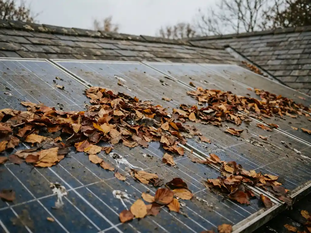 Zonnepanelen op dak bedekt met herfstbladeren, vogelpoep en stof, zichtbaar vervuild onder bewolkte lucht.
