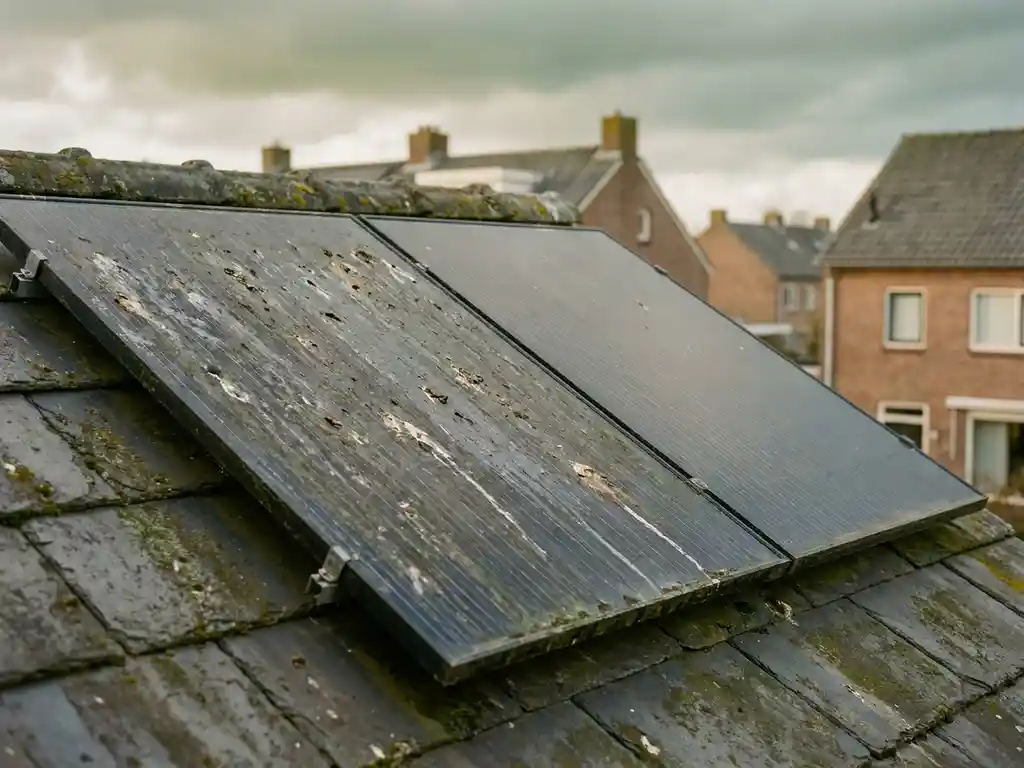 Twee zonnepanelen op een woonhuisdak, één bedekt met vuil, vogelpoep en groene algen, onder een bewolkte Nederlandse lucht.