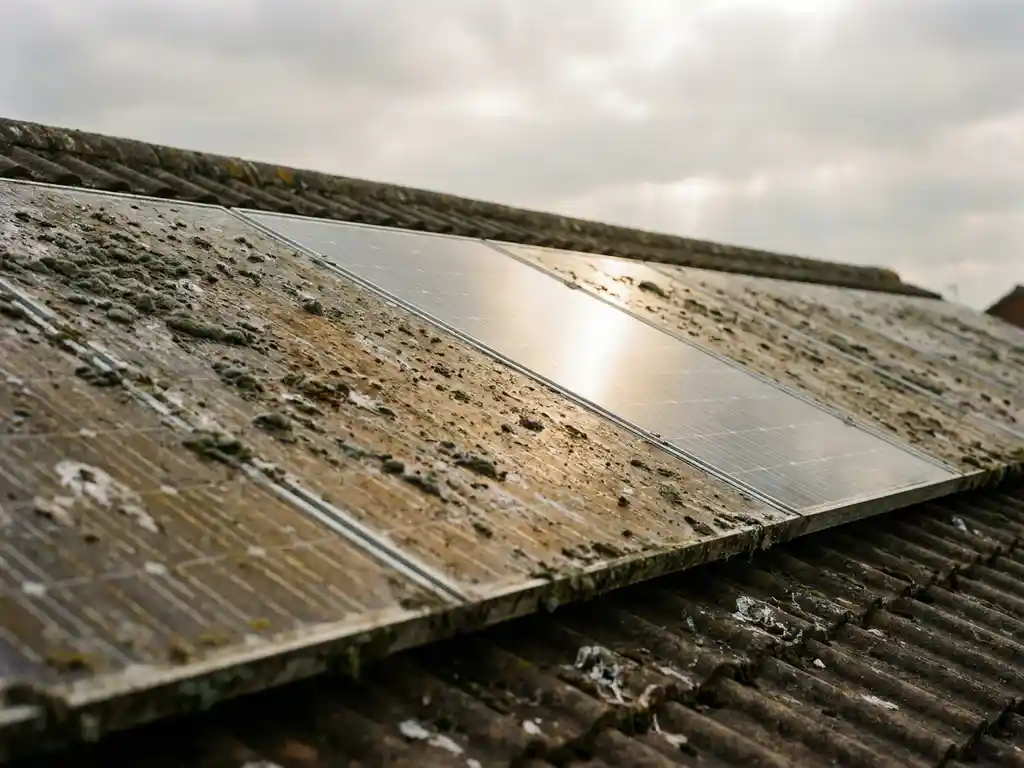 Vervuilde zonnepanelen op dak bedekt met stof, vogelpoep en mos, naast één schoon glanzend paneel in zonlicht.